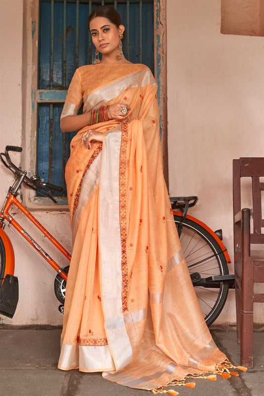 Orange Color Beauteous Festive Look Linen Saree