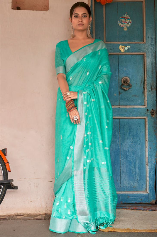 Sea Green Color Festive Look Tempting Linen Saree