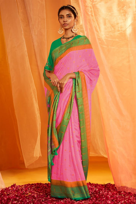 Exclusive Printed Work Pink Color Brasso Silk Saree