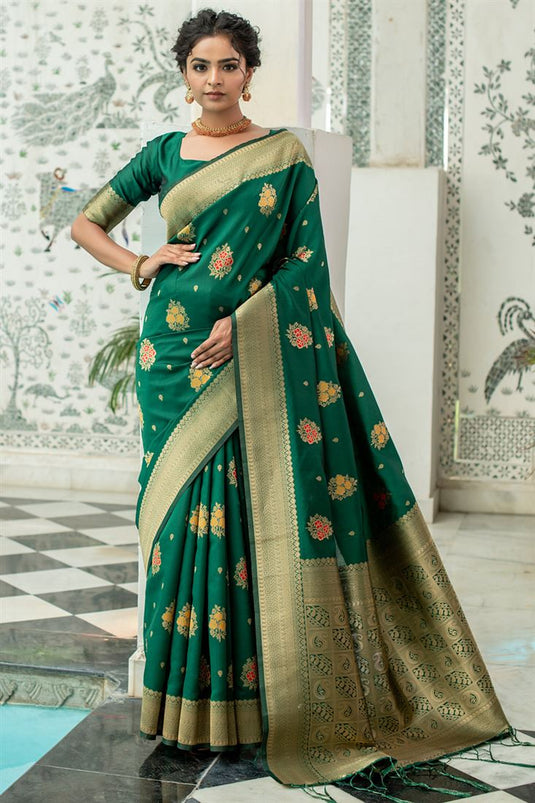 Dark Green Woven Silk Saree