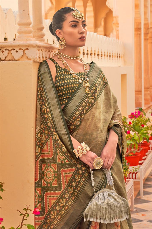 Floral Printed Function Wear Heavy Olive Color Art Silk Saree