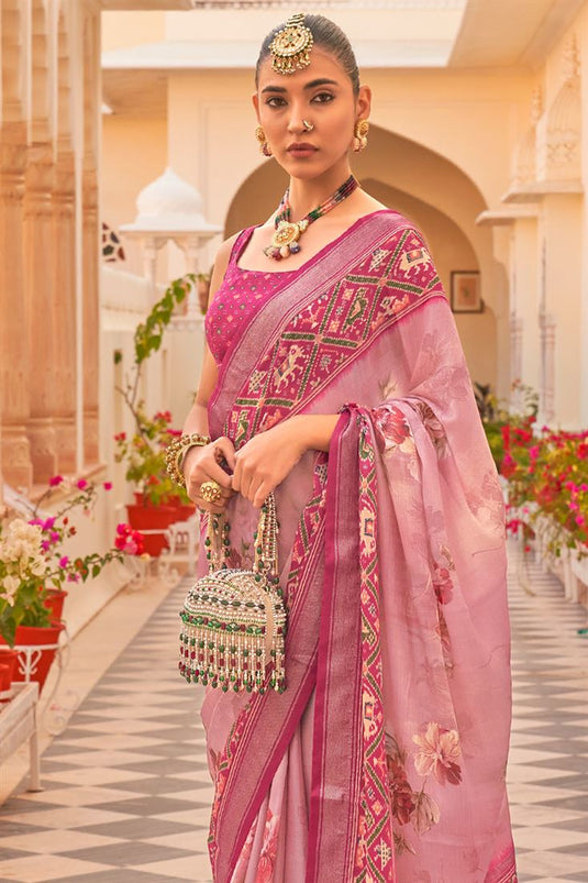 Floral Printed Function Wear Heavy Pink Art Silk Saree