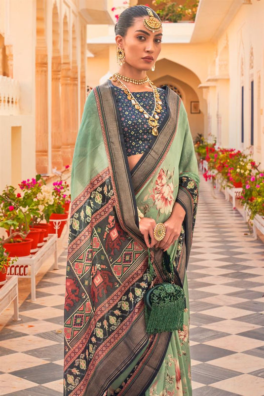 Floral Printed Function Wear Heavy Sea Green Art Silk Saree