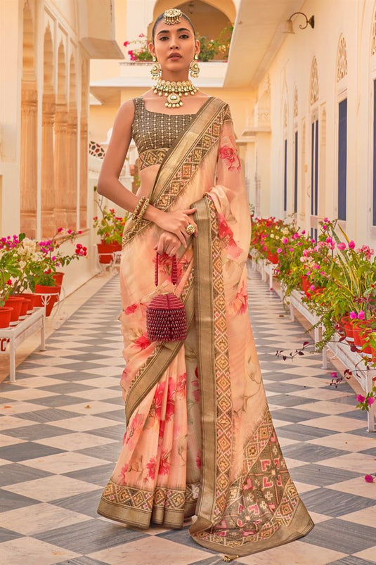 Floral Printed Function Wear Heavy Cream Art Silk Saree