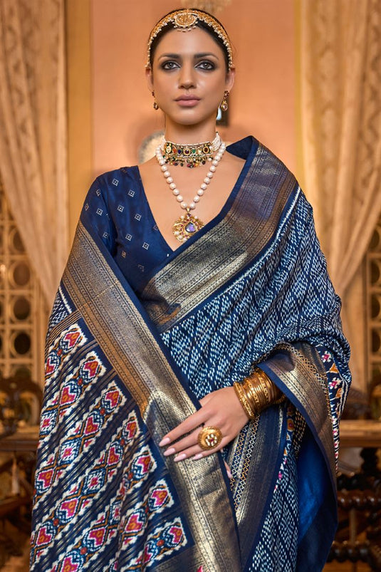 Classy Patola Silk Saree In Navy Blue Color with Ethnic Print