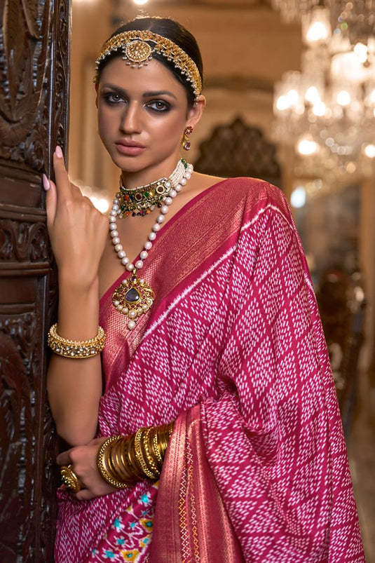 Charming Patola Silk Pink Color Saree with Weaving Border