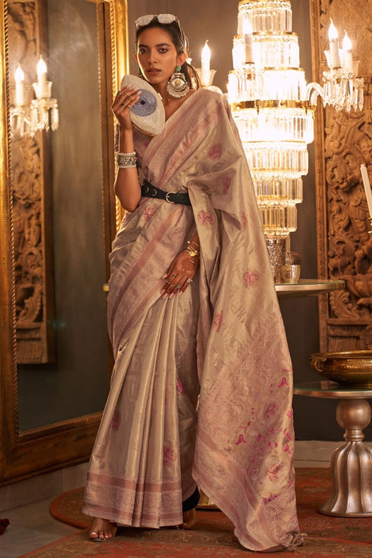 Cream Color Charismatic Weaving Designs Silk Saree