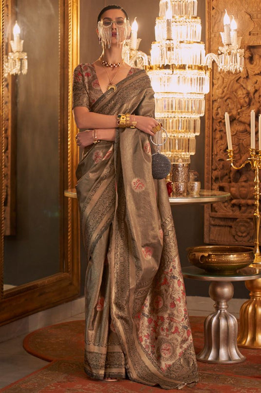 Ingenious Weaving Designs Brown Color Silk Saree