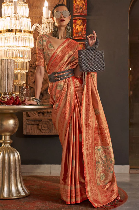 Fashionable Orange Color Weaving Designs Silk Saree