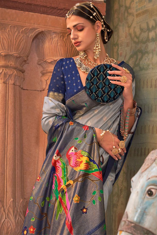 Grey Color Printed Precious Saree In Art Silk Fabric