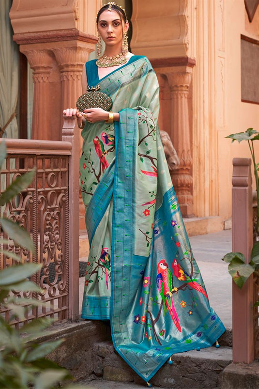 Printed Work Olive Color Adorming Saree In Art Silk Fabric