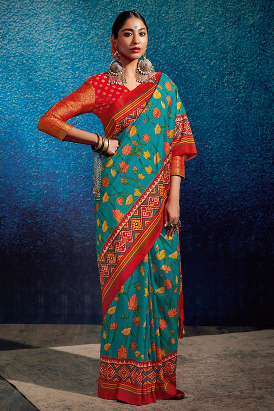 Cyan Color Printed Attractive Tusser Silk Patola Saree