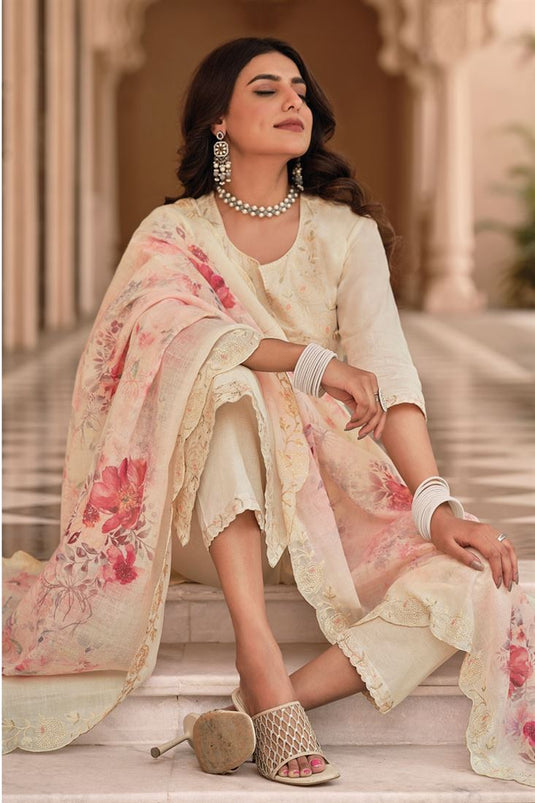 Ginni Kapoor Off White Color Cotton Engaging Embroidered Salwar Suit