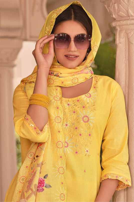 Yellow Color Embroidered Cotton Enticing Salwar Suit