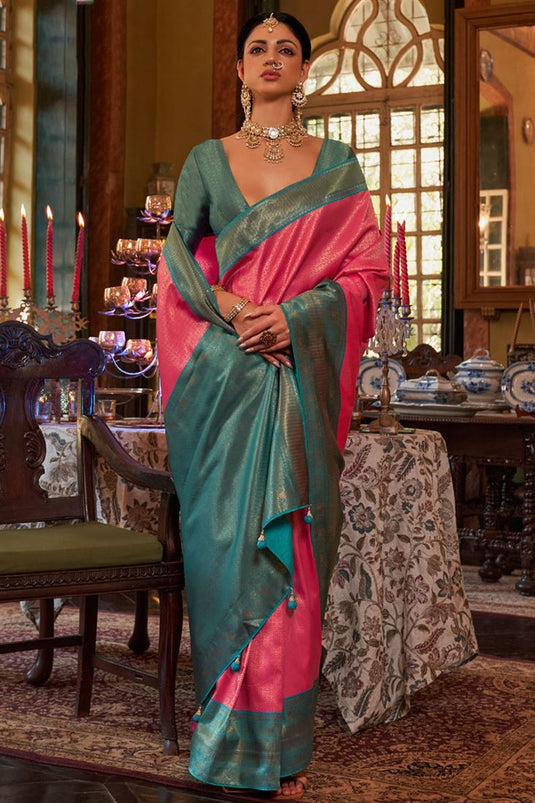 Tempting Silk Fabric Pink Color Saree With Weaving Work