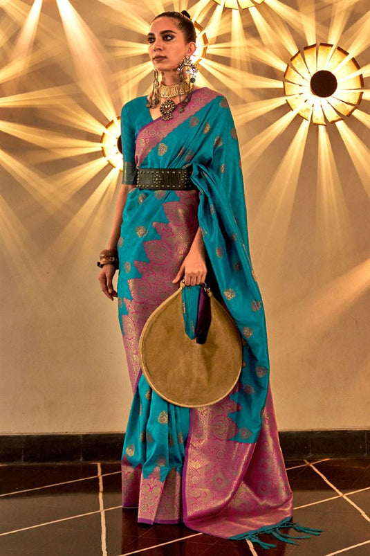 Elegant Soft Silk Function Saree in Cyan Color