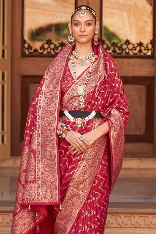 Red Color Banarasi Style Saree In Art Silk Fabric