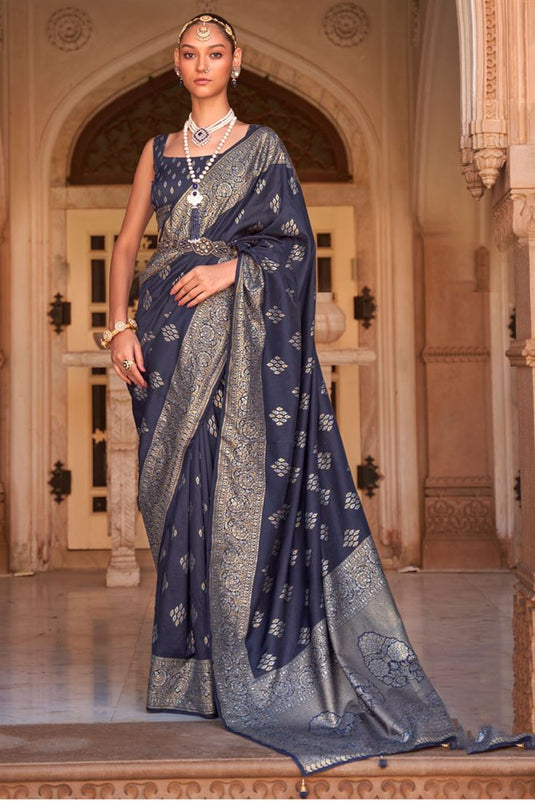 Art Silk Fabric Navy Blue Color Banarasi Style Function Saree