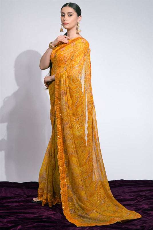 Elegant Yellow Color Chiffon Printed Casual Saree