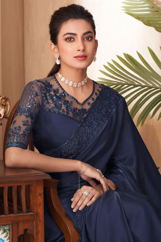 Navy Blue Color Art Silk Detailed Saree with Border Work For Festive Functions