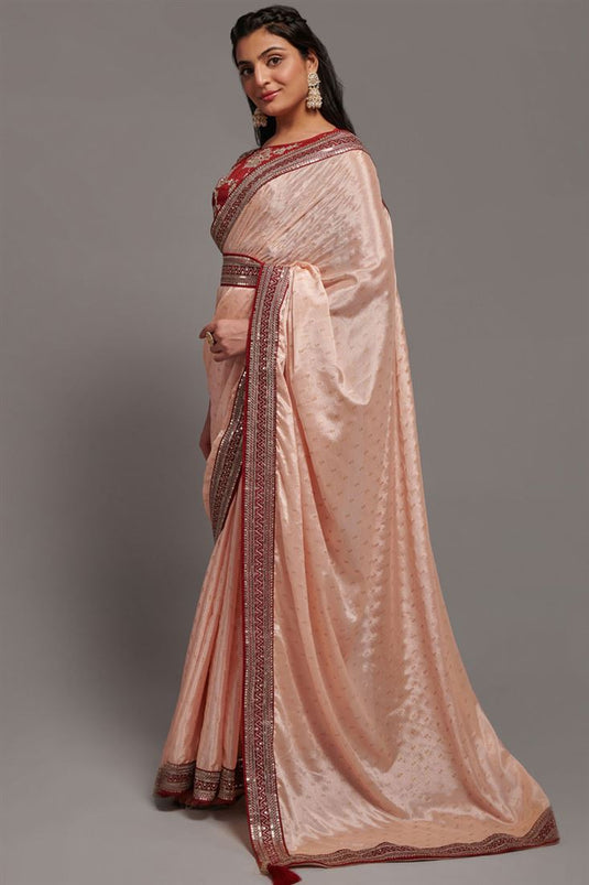 Stunning Chinon Fabric Peach Color Saree with Broder Work