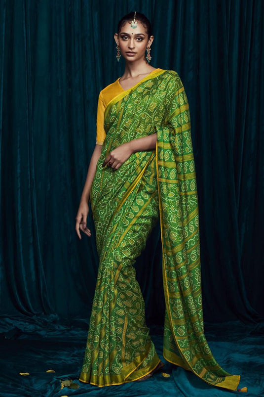 Festive Wear Brasso Silk Fabric Printed Saree In Green Color