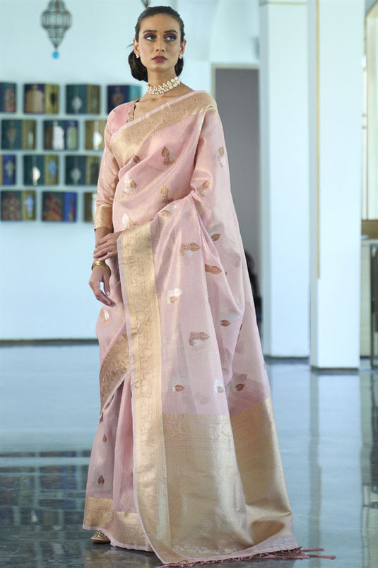 Pink Color Organza Silk Fabric Zari Weaving Work Function Wear Fancy Saree