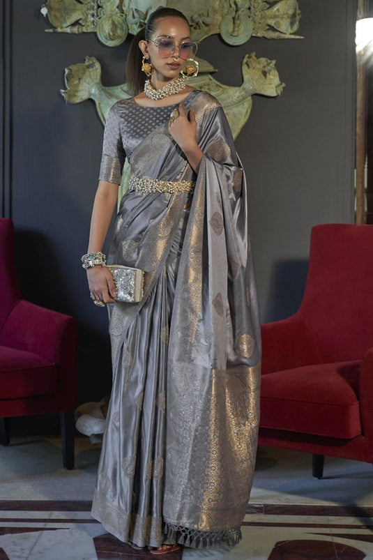 Grey Color Weaving Work Silk Fabric Sangeet Wear Saree