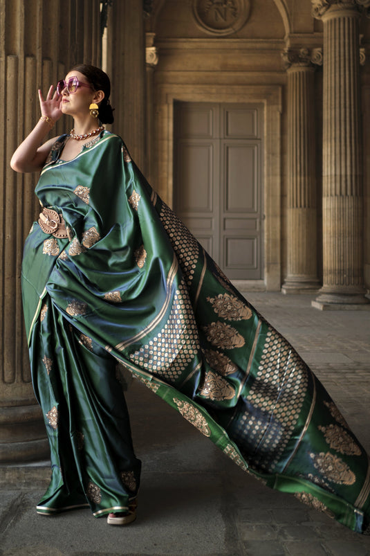 Pure Satin Silk Fabric Wedding Wear Dark Green Color Fancy Handloom Zari Weaving Work Saree