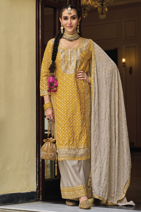 Karva Chauth Special Chinon Fabric Yellow Color Embroidered Readymade Punjabi Style Palazzo Salwar Suit