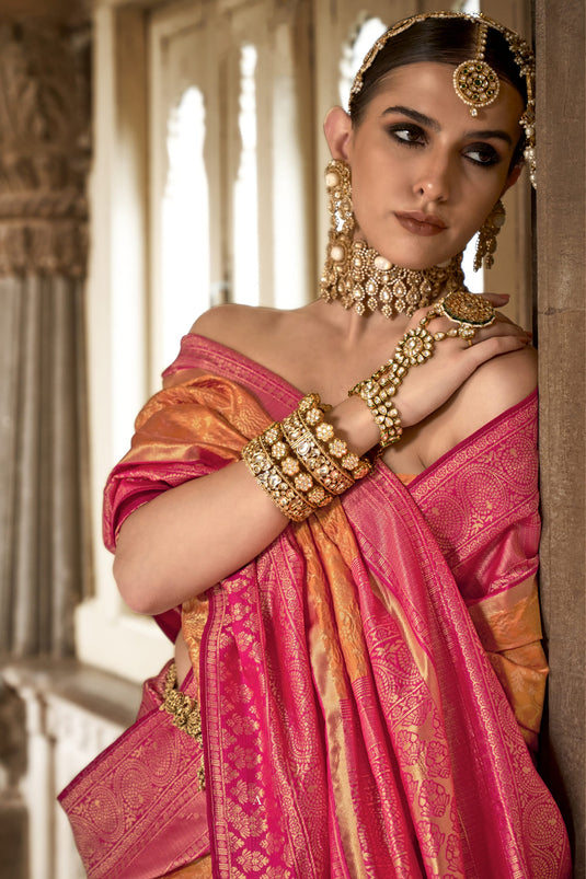 Art Silk Fabric Weaving Work Rich Orange Color Festive Wear Trendy Saree With Contrast Blouse