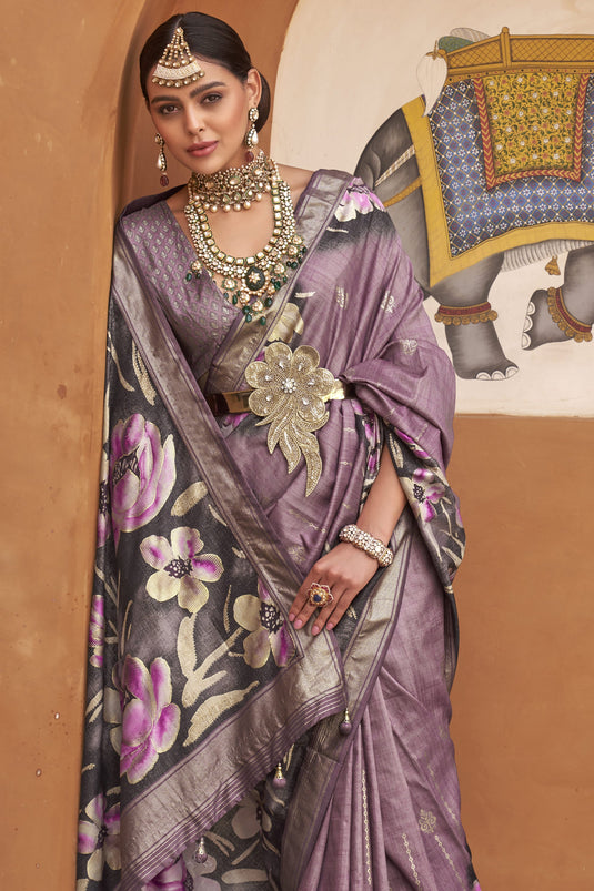 Dazzling Lavender Color Art Silk Fabric Printed Function Wear Saree With Same Color Blouse