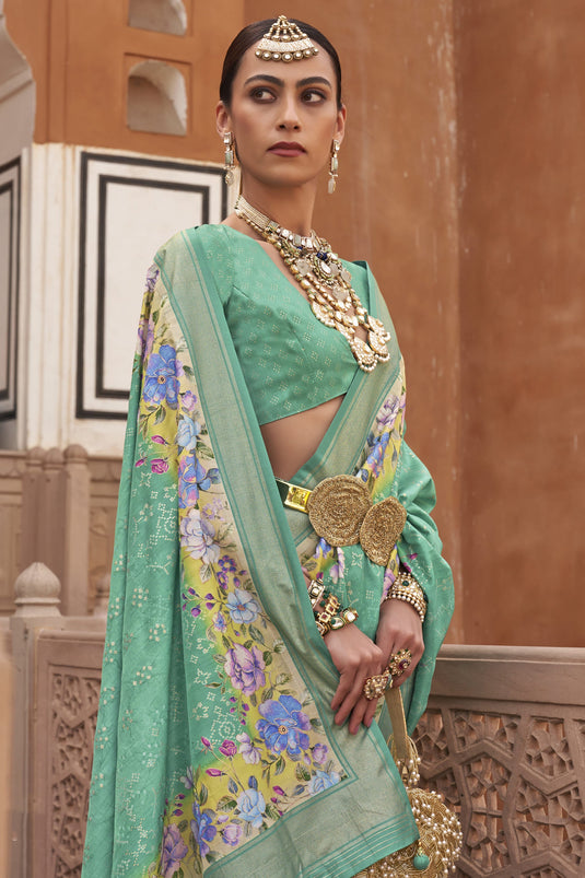 Astonishing Sea Green Color Art Silk Fabric Printed Saree With Same Color Blouse