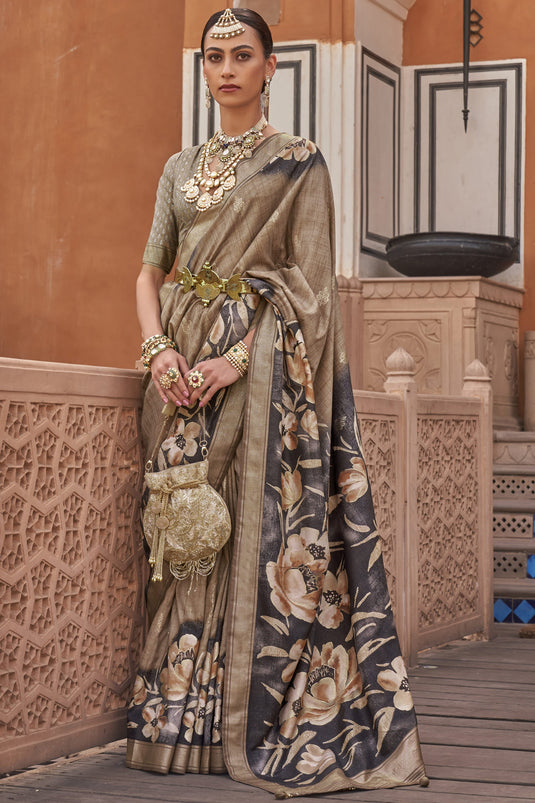 Classy Art Silk Fabric Brown Color Printed Saree With Same Color Blouse