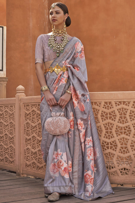 Grey Color Printed Art Silk Fabric Charming Look Saree With Same Color Blouse