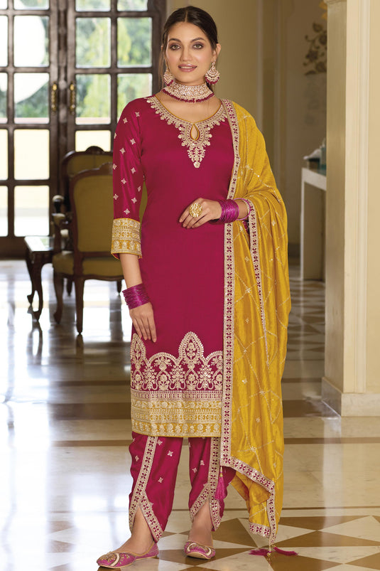 Karva Chauth Special Rani Color Embroidered Art Silk Fabric Readymade Designer Salwar Kameez