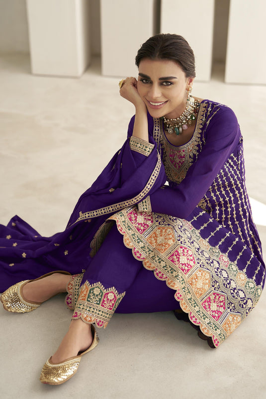 Karva Chauth Special Art Silk Fabric Purple Color Embroidered Readymade Designer Salwar Suit