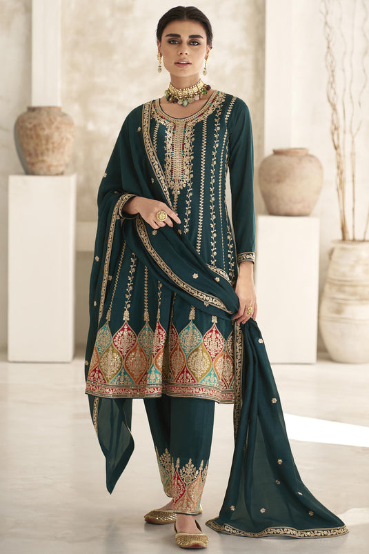 Karva Chauth Special Embroidered Teal Color Readymade Designer Suit In Art Silk Fabric