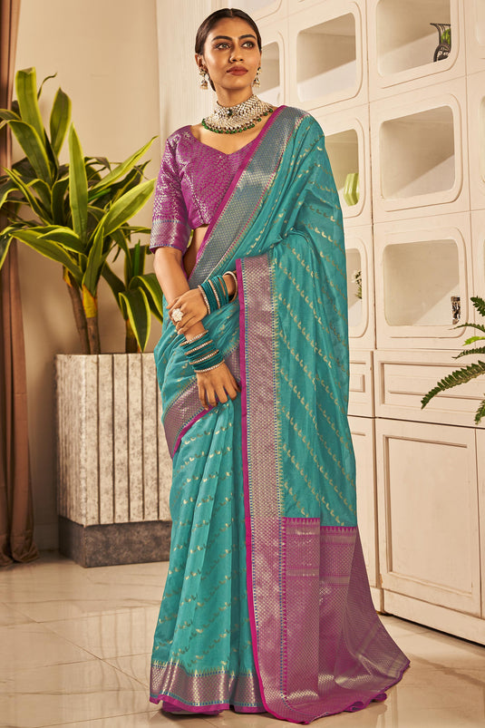 Treditional Printed Party Wear Cyan Color Saree With Weave Work in Cotton  And Silk – Lady India