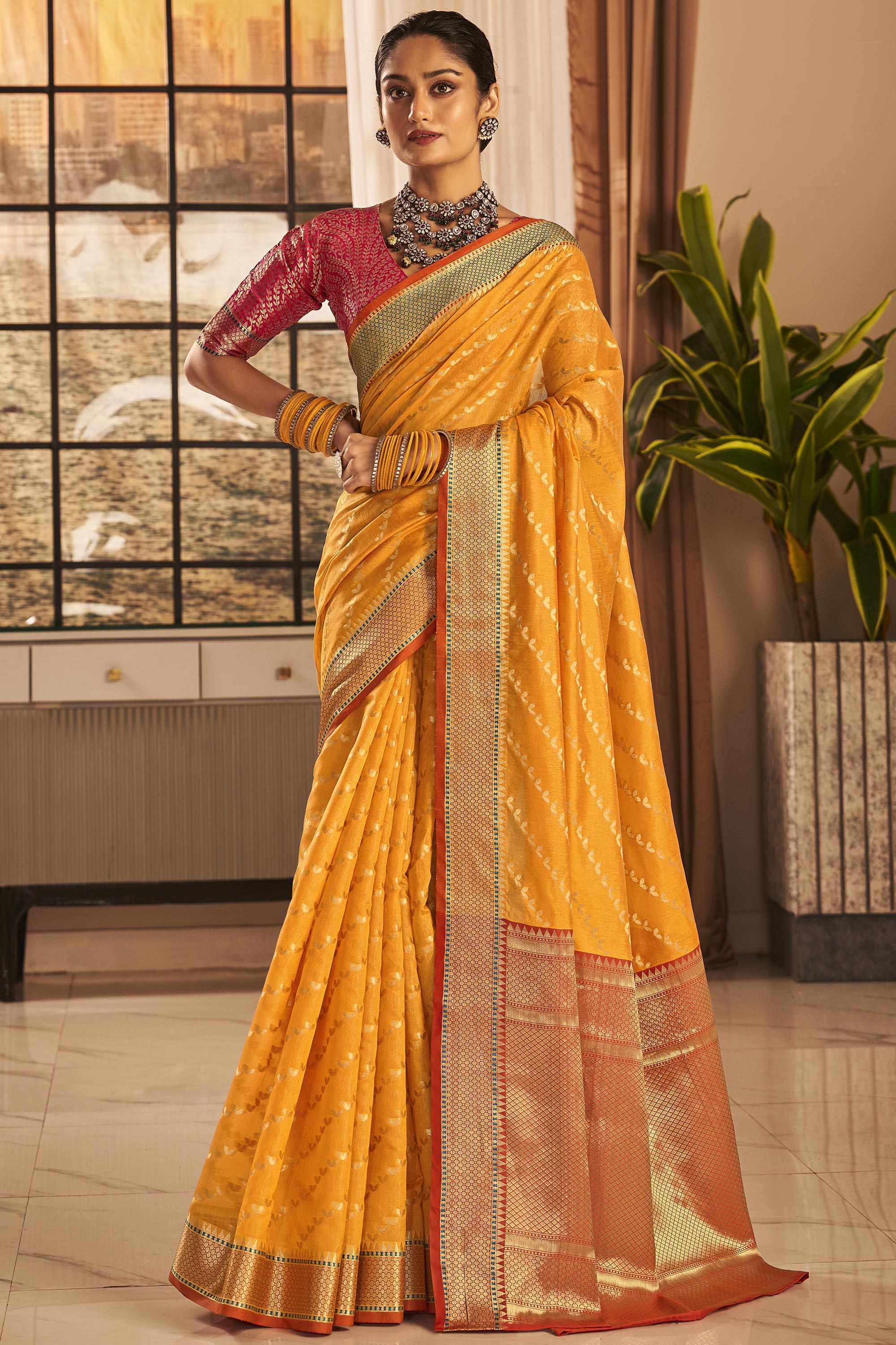 Attentive Multi color Silk Weave Saree With Sleeveless Blouse And