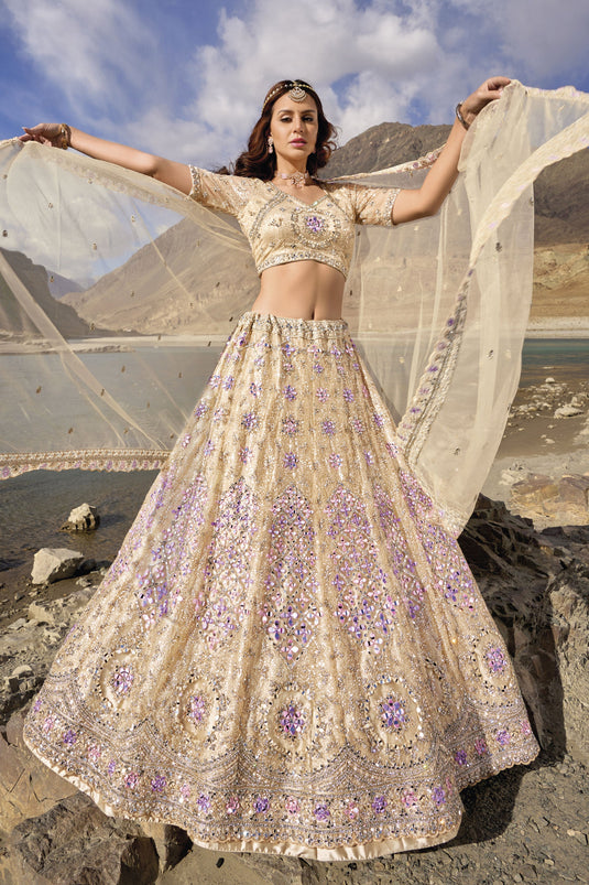 Fancy Work Wedding Wear Lehenga Choli In Beige Color Net Fabric