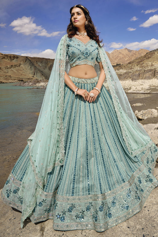 Fancy Work Bridal Lehenga Choli In Sea Green Color Georgette Fabric