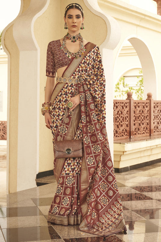 Dazzling Brown Color Printed Art Silk Saree