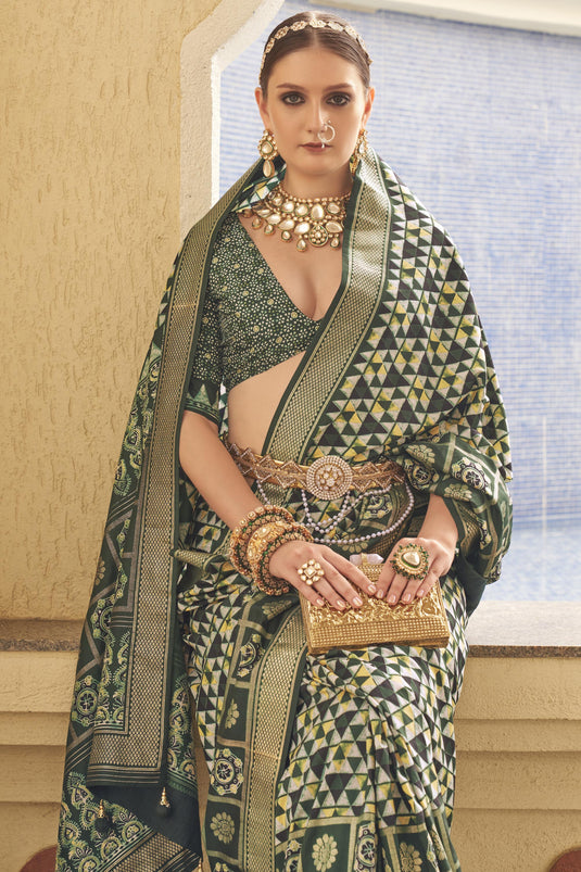 Excellent Art Silk Dark Green Color Printed Saree