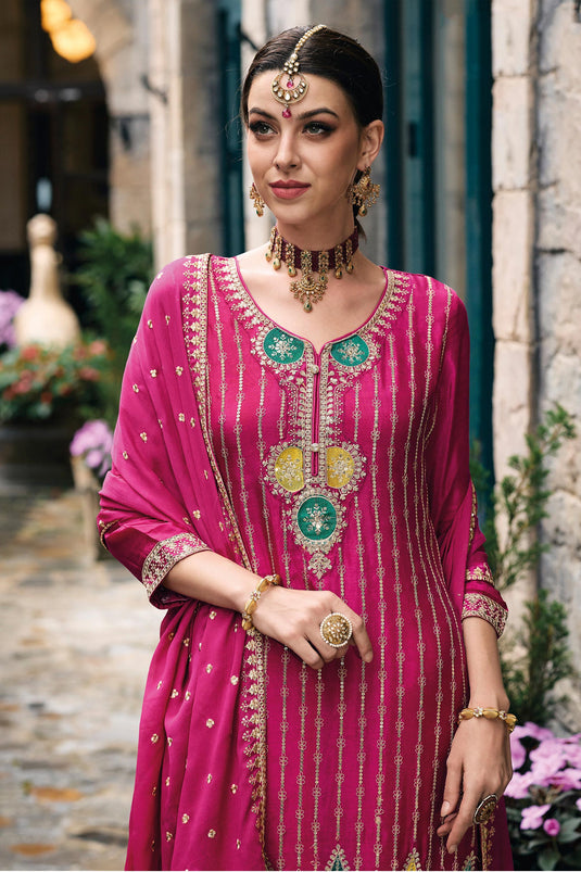 Magenta Color Embroidered Palazzo Suit In Chinon Fabric