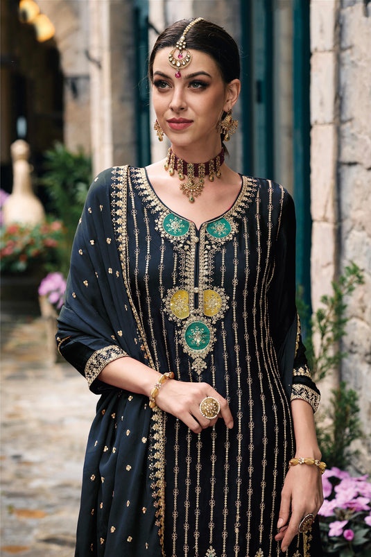 Navy Blue Color Embroidered Palazzo Salwar Suit In Chinon Fabric