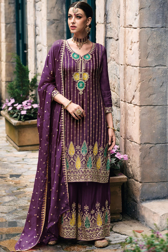 Embroidered Chinon Fabric Palazzo Suit In Purple Color