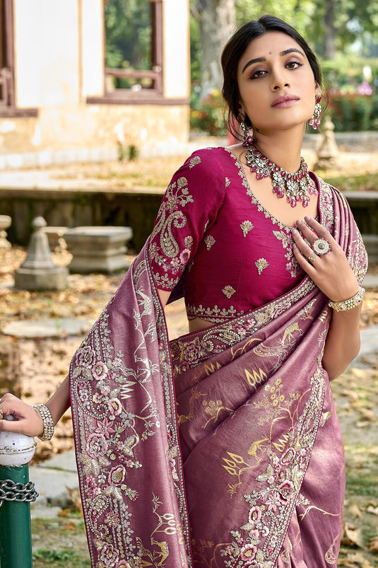 Imperial Wine Color Silk Saree With Heavy Embroidered Blouse