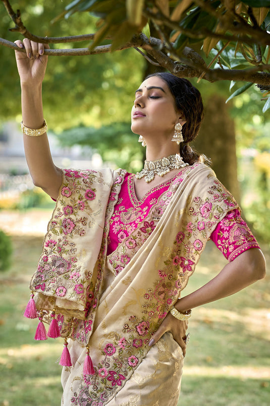 Creative Beige Color Silk Saree With Heavy Embroidered Blouse