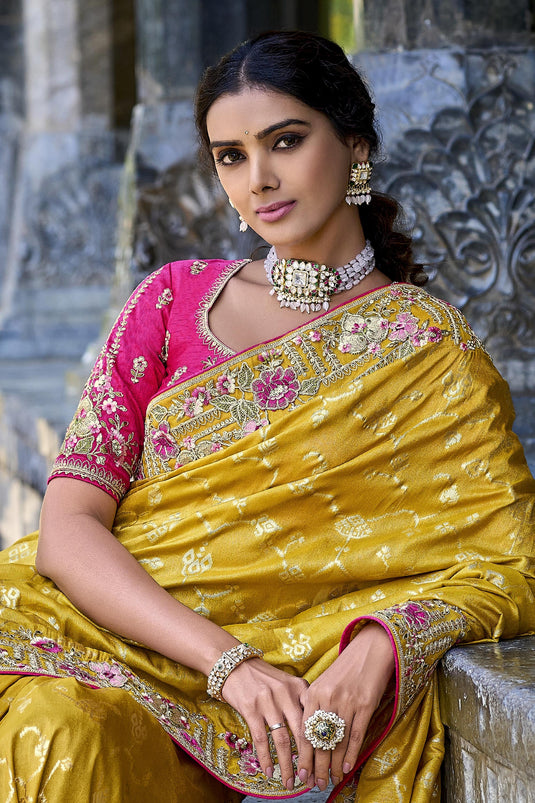 Marvelous Silk Yellow Color Saree With Heavy Embroidered Blouse